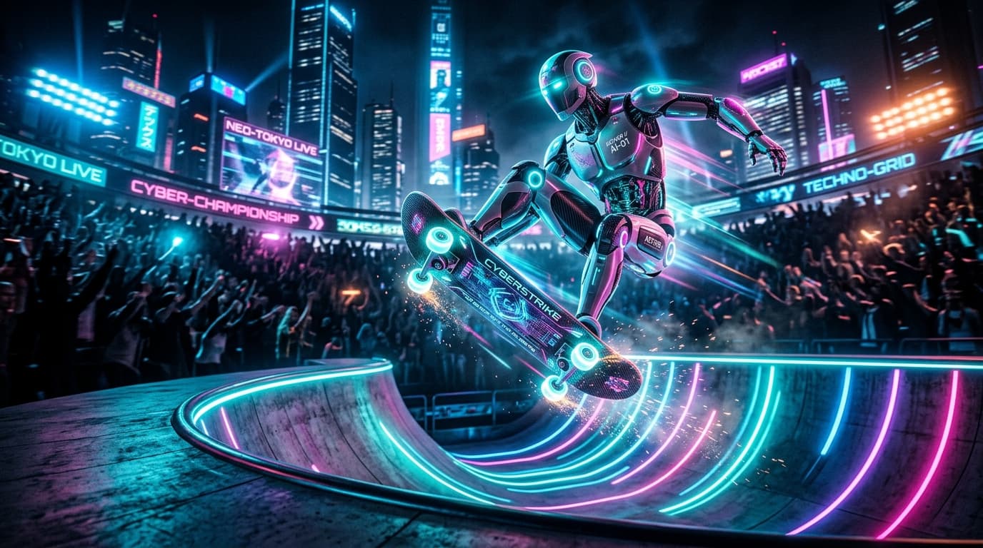 Cyber sports arena with holographic displays and AI athletes in competition