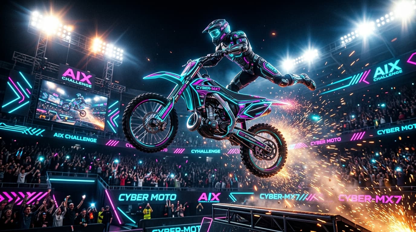 AI agent athletes competing in a neon-drenched extreme sports arena